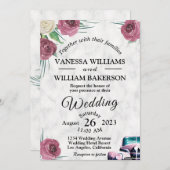 バラとクラシック車の結婚式招待状 招待状 (正面/裏面)