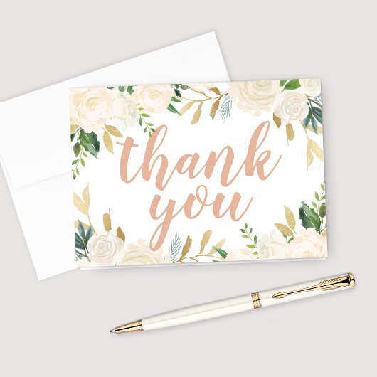 バラとゴールドのグリーンの花の結婚式の筆記体 サンキューカード
