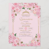 バラとゴールドのティアラの花の15歳の誕生日パーティー 招待状 (正面/裏面)