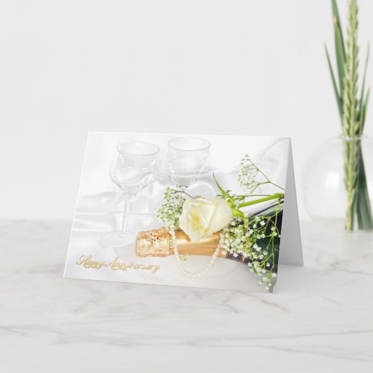 バラとシャンパンに真珠を入れた記念日 カード (正面)