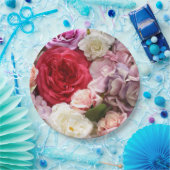 バラとスイレンがプリントされた花柄の紙皿 ペーパープレート (パーティー)