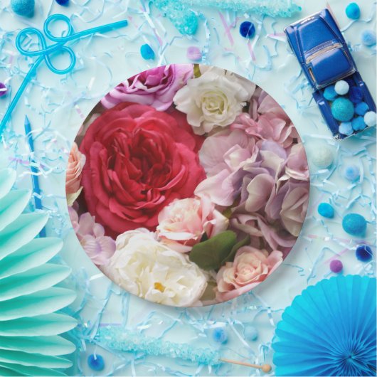 バラとスイレンがプリントされた花柄の紙皿 ペーパープレート (パーティー)