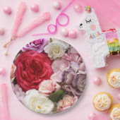 バラとスイレンがプリントされた花柄の紙皿 ペーパープレート (パーティー)