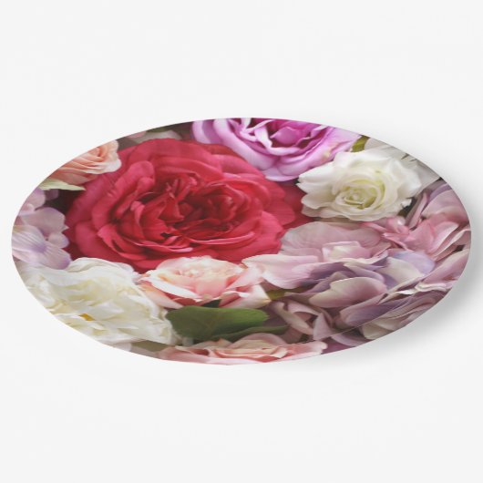 バラとスイレンがプリントされた花柄の紙皿 ペーパープレート (アングル)