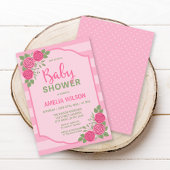 バラとストライプピンクガール赤ちゃんシャワー招待状 招待状