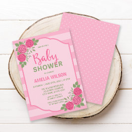 バラとストライプピンクガール赤ちゃんシャワー招待状 招待状