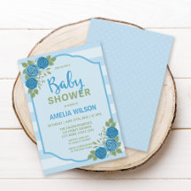 バラとストライプブルーボーイベビーシャワー招待状