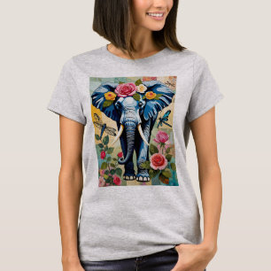 バラとトンボのパッチワークの象 Tシャツ