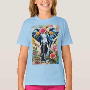 バラとトンボのパッチワークの象 Tシャツ