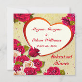 バラとハートフレームリハーサルディナーフラットカード 招待状 (正面)