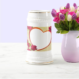 バラとハートフレーム写真の追加 ビールジョッキ