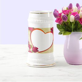 バラとハートフレーム写真の追加 ビールジョッキ