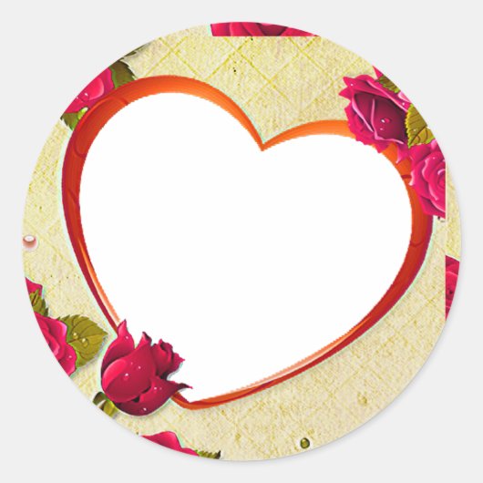 バラとハートフレーム写真の追加 ラウンドシール (正面)