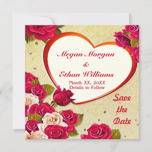 バラとハートフレーム日付フラットカードの保存 セーブザデート (正面)