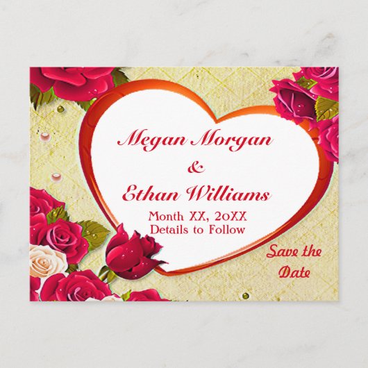バラとハートフレーム日付ポストカードの保存 案内ポストカード (正面)