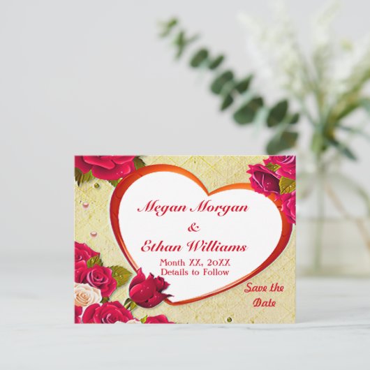 バラとハートフレーム日付ポストカードの保存 案内ポストカード (スタンド正面)