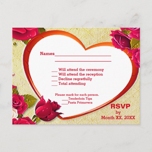 バラとハートフレームRSVPとメニューポストカード インビテーションポストカード (正面)
