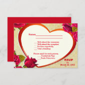 バラとハートフレームRSVPとメニューポストカード 出欠カード (正面/裏面)