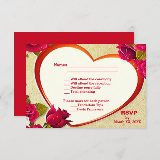 バラとハートフレームRSVPとメニューポストカード 出欠カード