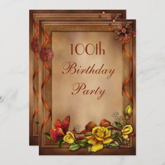 バラとバエレガントタフライ100歳の誕生パーティー 招待状 (正面/裏面)