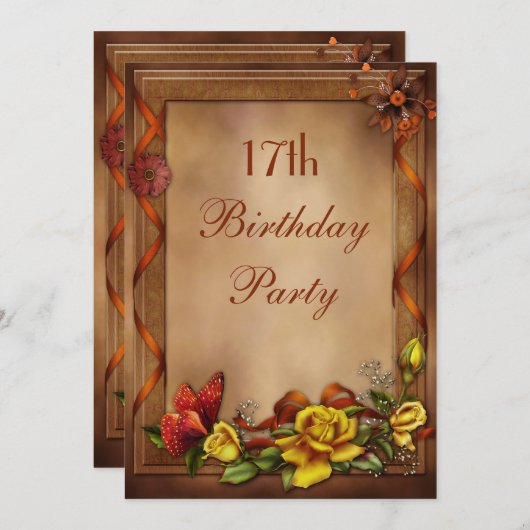 バラとバエレガントタフライ17歳の誕生日パーティー 招待状 (正面/裏面)