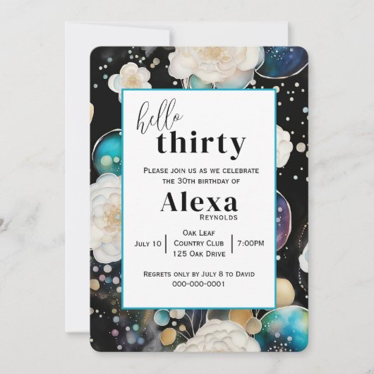 バラとバブル抽象芸術30th誕生日パーティー 招待状 (正面)