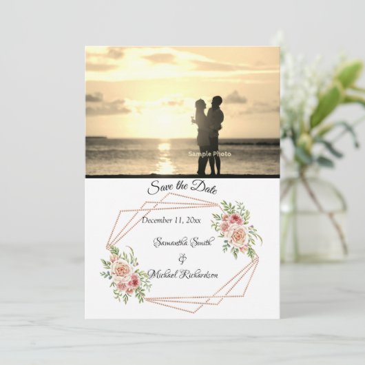 バラとバラ金ゴールド幾何学的な写真日付を保存 (スタンド正面)