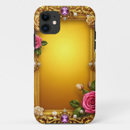 バラとパールがエレガントな金のフレーム iPhone 11 ケース