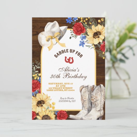 バラとヒマワリ素朴ーブーツ誕生日 招待状 (スタンド正面)