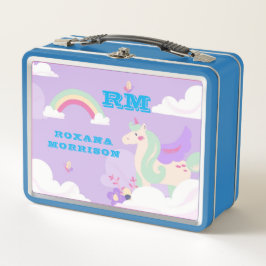 バラとピンクと翼のあるユニコーングリーン メタルランチボックス