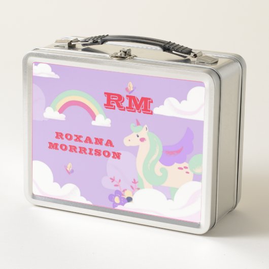 バラとピンクと翼のあるユニコーングリーン メタルランチボックス (正面)