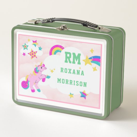 バラとピンクグリーン、翼のあるユニコーンランチメタル メタルランチボックス (正面)