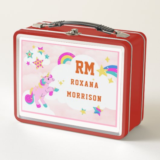 バラとピンクグリーン、翼のあるユニコーンランチメタル メタルランチボックス (正面)