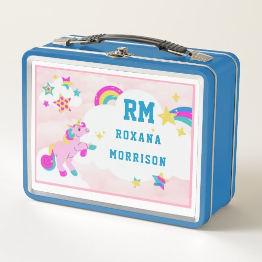 バラとピンクグリーン、翼のあるユニコーンランチメタル メタルランチボックス (正面)