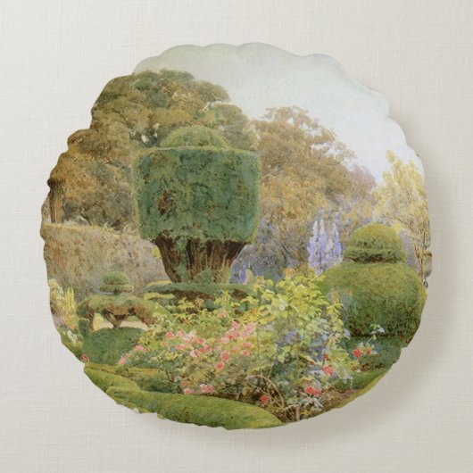バラとピンクバイエルグッド、ヴィンテージイングリッシュガーデン ラウンドクッション (正面)