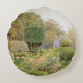 バラとピンクバイエルグッド、ヴィンテージイングリッシュガーデン ラウンドクッション (裏面)