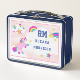 バラとピンクブルー、翼のあるユニコーンランチメタル メタルランチボックス