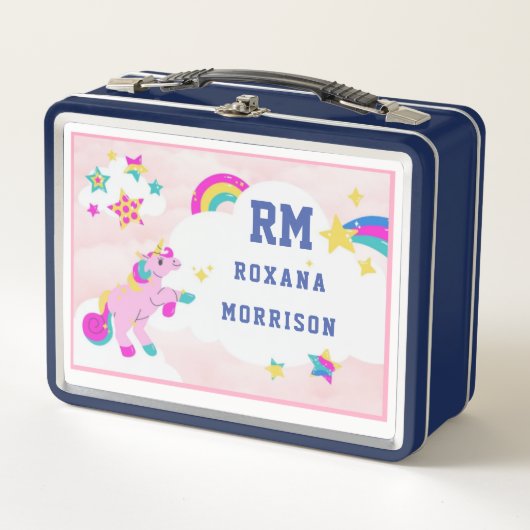 バラとピンクブルー、翼のあるユニコーンランチメタル メタルランチボックス (正面)