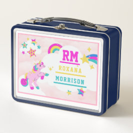 バラとピンクブルー、翼のあるユニコーンランチメタル メタルランチボックス