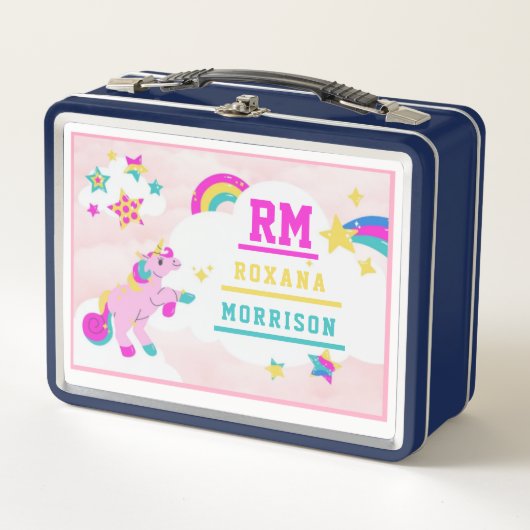 バラとピンクブルー、翼のあるユニコーンランチメタル メタルランチボックス (正面)