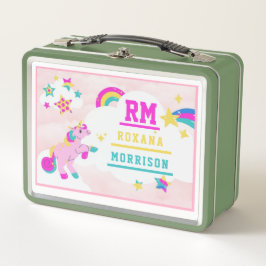 バラとピンクブルー、翼のあるユニコーンランチメタル メタルランチボックス