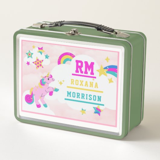 バラとピンクブルー、翼のあるユニコーンランチメタル メタルランチボックス (正面)