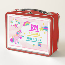 バラとピンクブルー、翼のあるユニコーンランチメタル メタルランチボックス