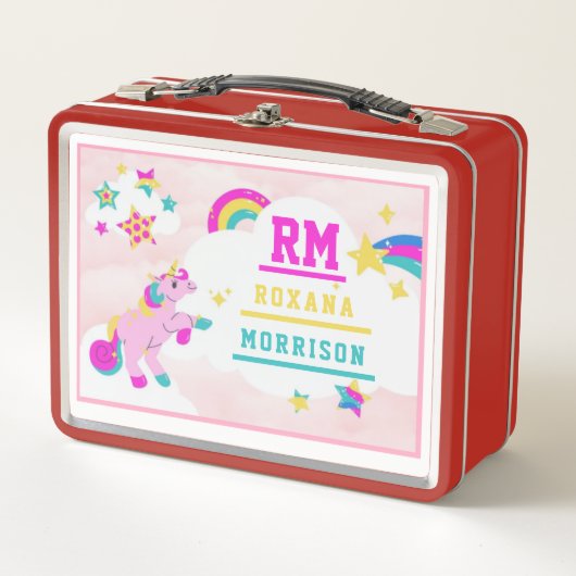 バラとピンクブルー、翼のあるユニコーンランチメタル メタルランチボックス (正面)