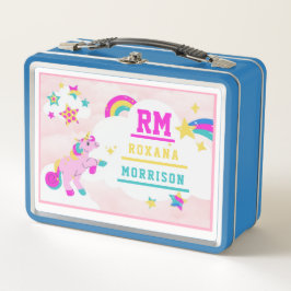 バラとピンクブルー、翼のあるユニコーンランチメタル メタルランチボックス