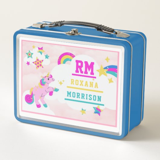 バラとピンクブルー、翼のあるユニコーンランチメタル メタルランチボックス (正面)