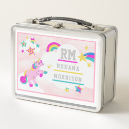 バラとピンクブルー、翼のあるユニコーンランチメタル メタルランチボックス