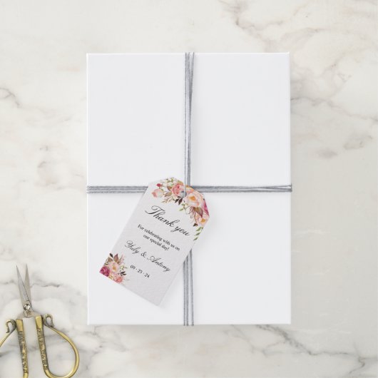 バラとピーチの水の色結婚の感謝のお願い ギフトタグ (より糸付き)