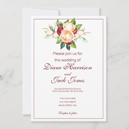 バラとベリーの水彩画の茎 招待状 (正面)
