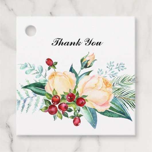 バラとベリーの水彩茎 ウェディング フェイバータグ (正面)